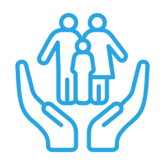 Family silhouette held by hands icon.