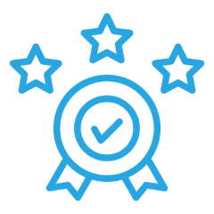 Award badge with stars and checkmark icon.
