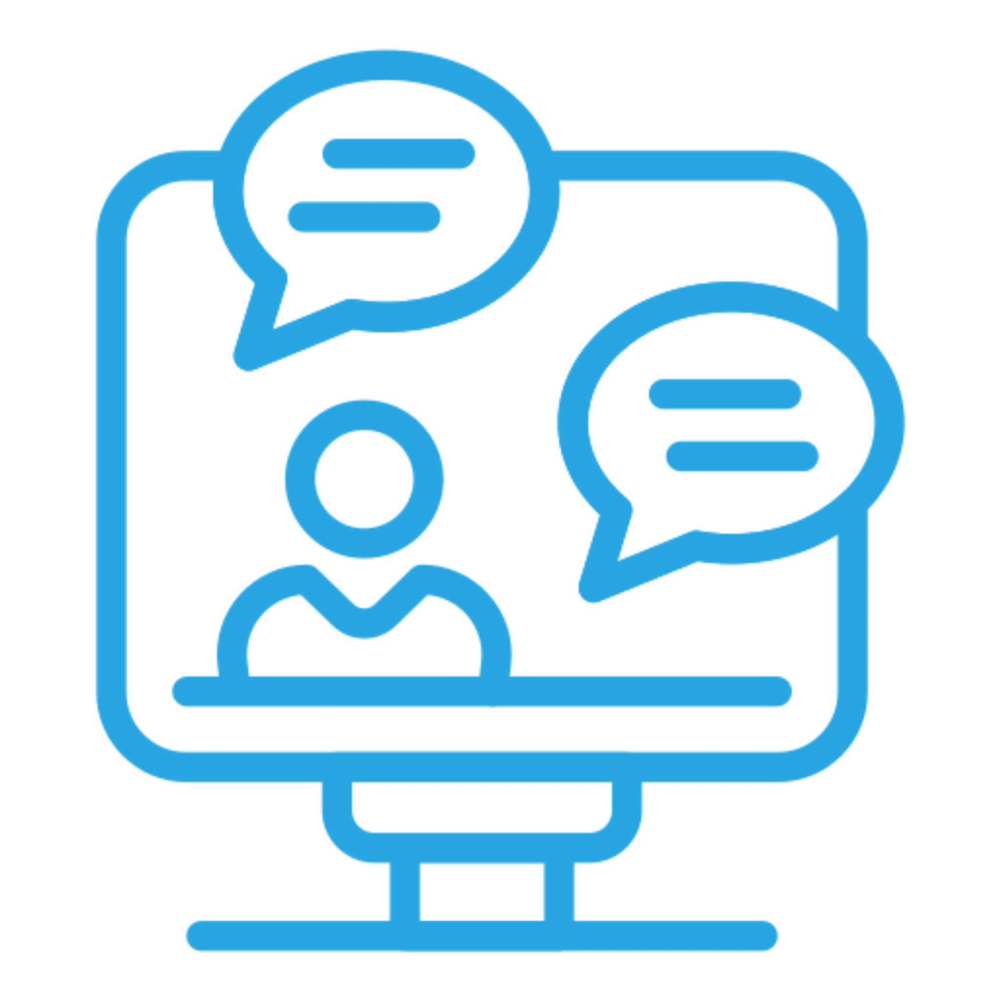 Computer icon with chat bubbles, blue outline.