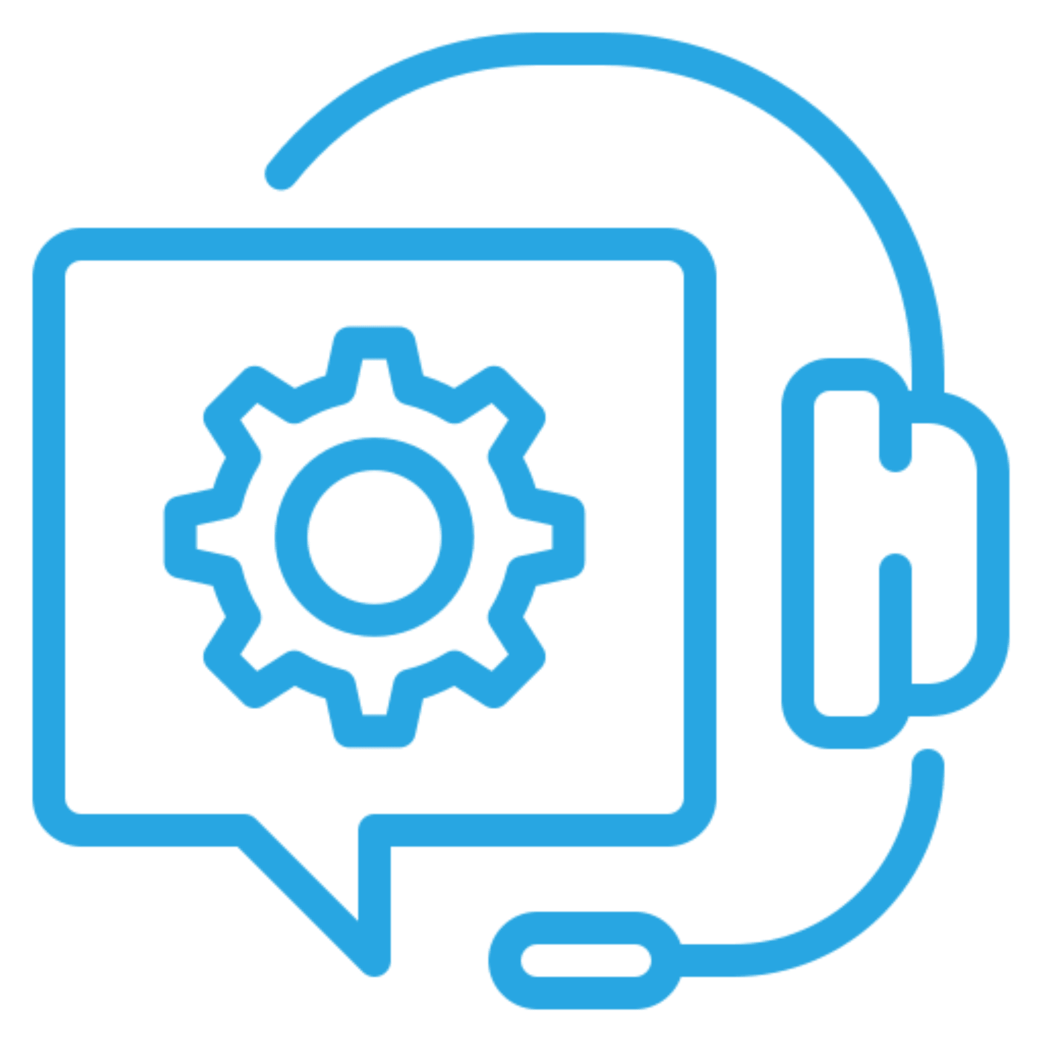 Headset with gear in speech bubble.